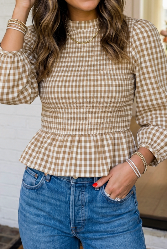 Mocha Plaid Smocked Peplum Blouse