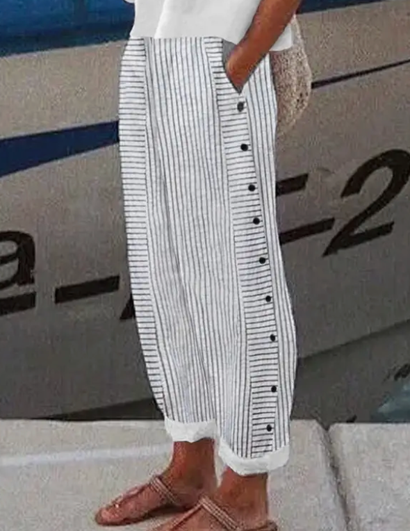 Harbor Stripe Button-Detail Pants