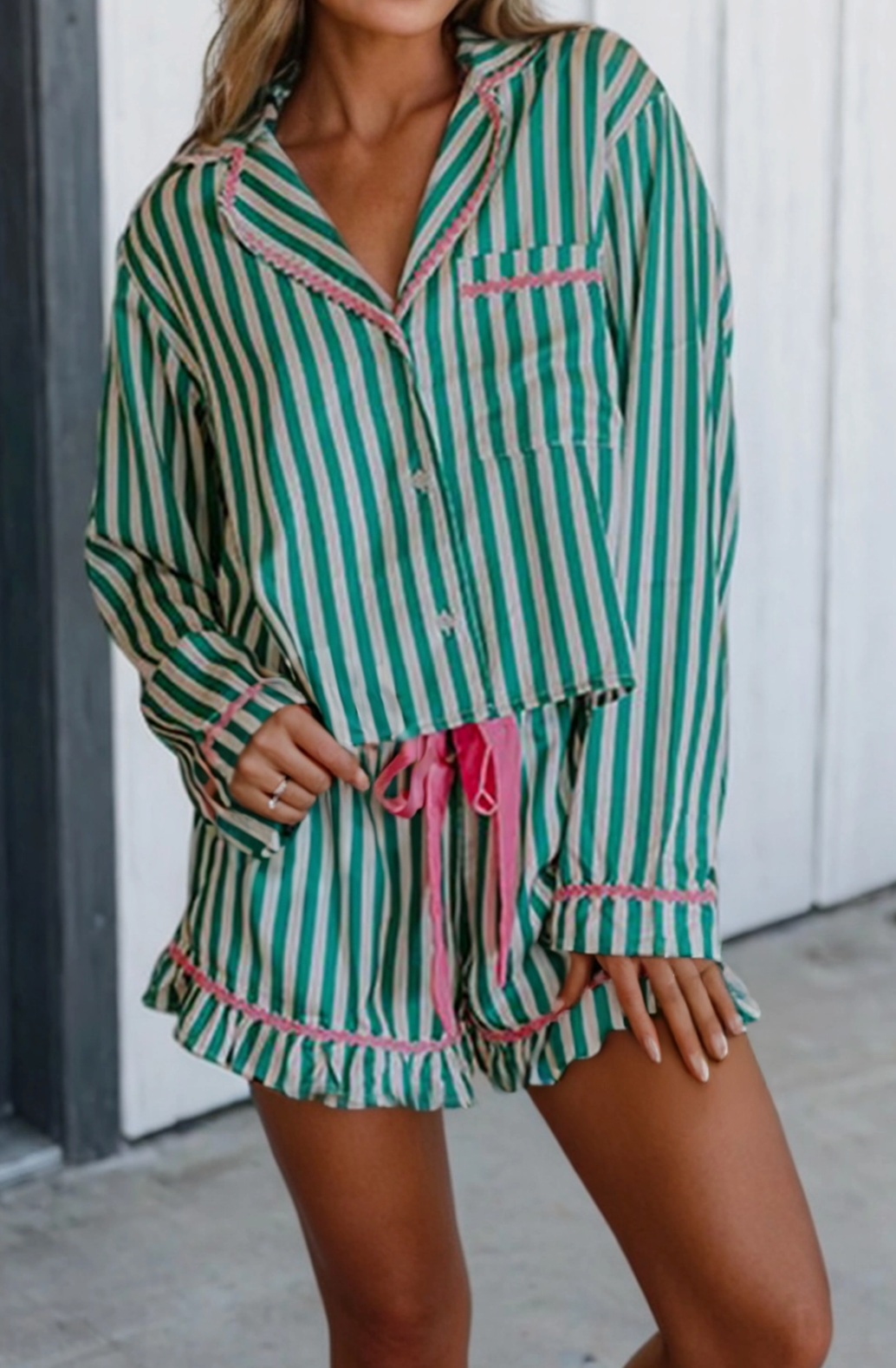 Emerald & Blush Striped Pajama Set